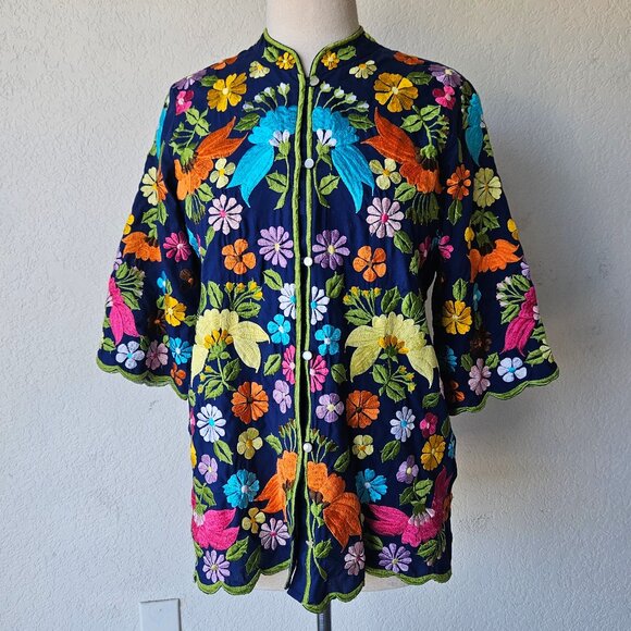 Vintage Philipino 70s Embroidered Floral Caftan Ethnic Tropical Top Jacket S/M - Picture 1 of 9